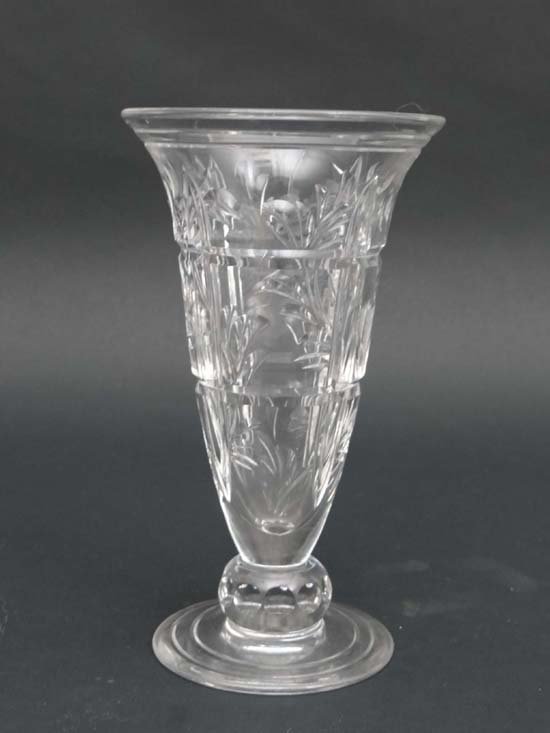 Stuart England : A clear crystal vase with cut: Stuart England : A clear crystal vase with cut decoration . Marked under 7 1/4" high Please Note - we do not make reference to the condition of lots within catalogue descriptions. We are however happy