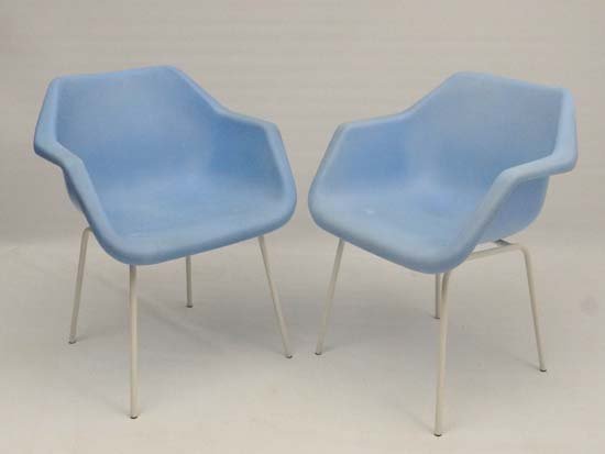 Vintage Retro : a British pair of blue 1960s , Robin: Vintage Retro : a British pair of blue 1960s , Robin Day Design for Hille ' Polyprop ' ( Polypropelyne ) chairs on white powder coated tubular legs , 29 1/4" high