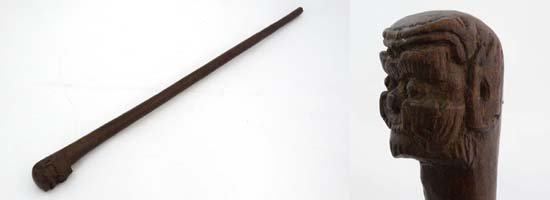 Ethnographic : a Native Tribal South Sea Island unusual: Ethnographic : a Native Tribal South Sea Island unusual Club / Staff with figural whakairo type carving ( Maori type wood carving ) of an ancestral head carved to top , and slight flanged end, handle 