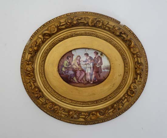 18thC - 19thC Convex Enamel on Copper : a gilt framed: 18thC - 19thC Convex Enamel on Copper : a gilt framed oval coloured enamel , with scene after Benjamin West ( 1738-1820) entitled ' Cornelia Mother of the Gracchi showing her Children as her only Orna