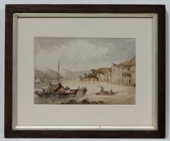 Follower of Edward Lear (1812-1888), Watercolour, North: Follower of Edward Lear (1812-1888), Watercolour, North Italian lake scene, figure, boats and old buildings at the water's edge with mountains in the distance, 5'' x 7 1/2'' Please Note - we do not ma
