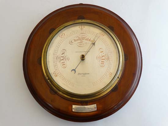 Early Propeller cased barometer : a ' Short & Mason ,: Early Propeller cased barometer : a ' Short & Mason , London ' mahogany Aircraft propeller boss cased Aneroid ( adjusted) barometer with silvered signed 6 1/4" dial , brass bezel surround , with bevel