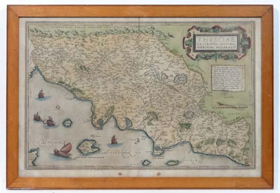 Map : A hand coloured map of Tuscany Thusciae: Map : A hand coloured map of Tuscany Thusciae Descriptio Avctore Hieronymo Bellarmato by Abraham Ortelius taken from his atlas Theatrum Orbis Terrarum c1570. Framed and glazed.13 1/2" x 20 1/2". Pleas