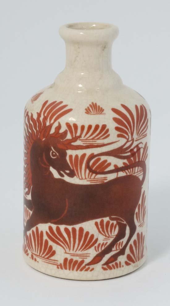 An Arts and Crafts style ruby lustre bottle painted: An Arts and Crafts style ruby lustre bottle painted with unicorns amongst grasses in the manner of William De Morgan . Impressed mark G? 23 to base. 6'' High £50 - 70