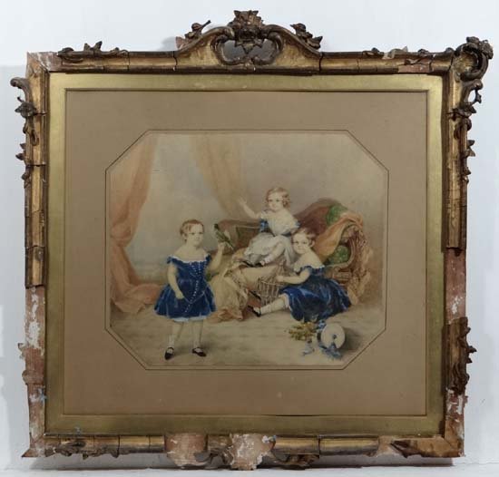 Emily Scott (active 1826-1860),Watercolour,Three: Emily Scott (active 1826-1860),Watercolour,Three children with a parrot and cage, showwood chaise longue etc,Signed and dated 1846 lower left14 1/2 x 17 1/3"