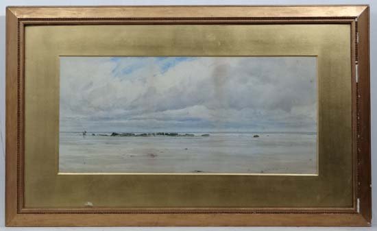 Charles S. Mottram XIX-XX Cornish?,Watercolour,Coastal: Charles S. Mottram XIX-XX Cornish?,Watercolour,Coastal scene with figures on a beach, shipping on horizon,Signed ' Chas S Mottram 80' lower right.9 3/4 x 21 1/4"