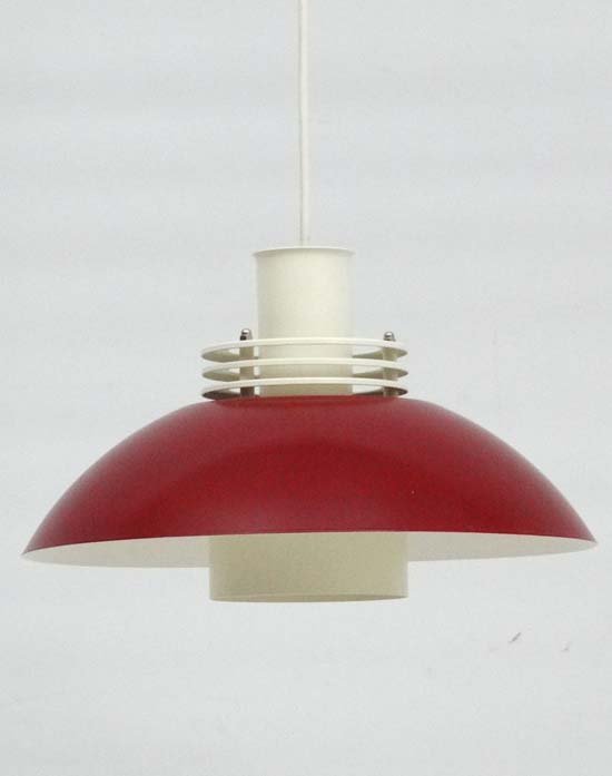 Vintage Retro : a Danish LYFA model 4064 pendant light: Vintage Retro : a Danish LYFA model 4064 pendant light with white and red shade decoration , the white on 3 rings and deep louvre under, marked, 12 1/2" diameter