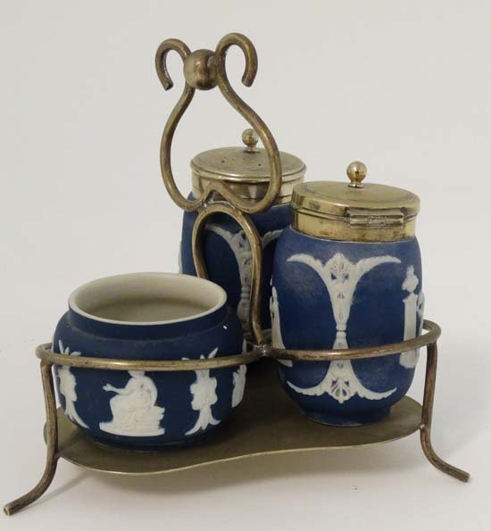 A 19thC Adams Tunstall, England blue Jasperware cruet (1 of 10)