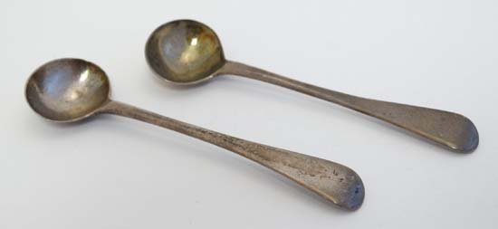 A Geo III pair of silver Old English pattern mustard: A Geo III pair of silver Old English pattern mustard spoons. Hallmarked London 1815 ( duty mark used 1st Sept 1815 to 28 May 1816) maker Sarah & John William Blake 4" long (24g)