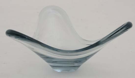 Danish Glass : Holmegaard triform ' Fiona ' vase: Danish Glass : Holmegaard triform ' Fiona ' vase designed by Per Lutken (1953-1974) and numbered 14736 with aqua colour, signed under , approximately 9" wide.