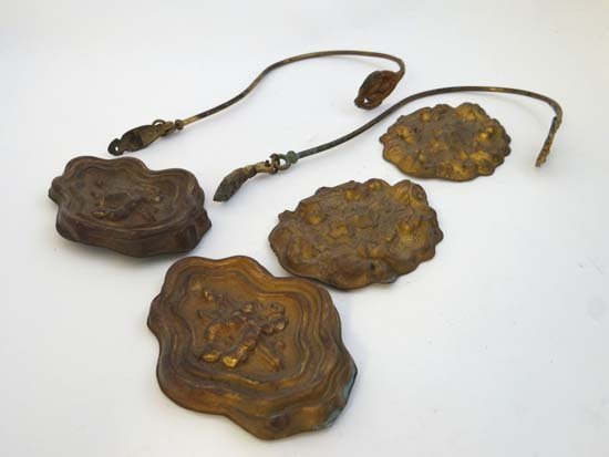 A pair of Victorian brass curtain tie backs , 2 pairs: A pair of Victorian brass curtain tie backs , 2 pairs of pressed brass cartouche shaped adornments etc.