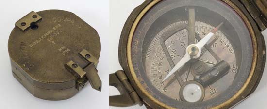 WWI : A Brinton Compass Mk I ( 1914 ) by Thomas J Evans: WWI : A Brinton Compass Mk I ( 1914 ) by Thomas J Evans Esq , London . Of heavy brass construction , the hinged top opening to reveal component parts . 3 1/4" in diameter