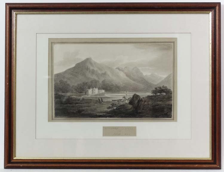 William Frederick Wells (1762-1836), Watercolour and: William Frederick Wells (1762-1836), Watercolour and pencil with grey wash margins “Kilchurn Castle, Loch Awe”, Scotland, with people in a rowing boat in the foreground, Signed lower right, 9 ½��