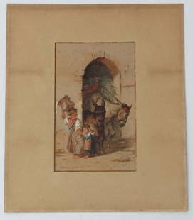 Robert Alexander Hillingford: Robert Alexander Hillingford (1828-1904)WatercolourItalian Children with donkey and laden mule in a doorwaySigned, inscribed 'Roma' and dated '1862' lower left,10 x 6 1/8"