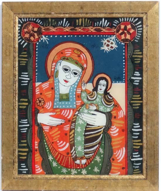Unusual Reverse Glass Icon, ' Mother of God with: Unusual Reverse Glass Icon, ' Mother of God with Christ', Probably Serbian Folk Art after the Byzantine Empire, Bears Cyrillic type writing and labelled verso, The whole 11 3/8 x 9 1/2''.
