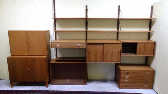 Vintage Retro : A Danish ' PS Systems Danish Furniture: Vintage Retro : A Danish ' PS Systems Danish Furniture ' wall mounted Ladderax style teak set of units, , 4 uprights 78 1/2'' long, 4 wide shelves with brackets 9 3/4'' deep, 3 narrower shelves with b