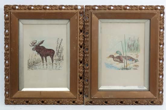 Shooting : A pair of monochrome Sporting prints ,: Shooting : A pair of monochrome Sporting prints , depicting a brace of mallard entering a pool and a large elk wading through swampland . Indistinctly signed lower right . Each aperture 6 1/2'' wide ,