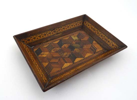 Tunbridge ware : A rosewood tray having cubist: Tunbridge ware : A rosewood tray having cubist parquetry and stickwork inlay c.1850. 6 1/2'' x 4 5/8''