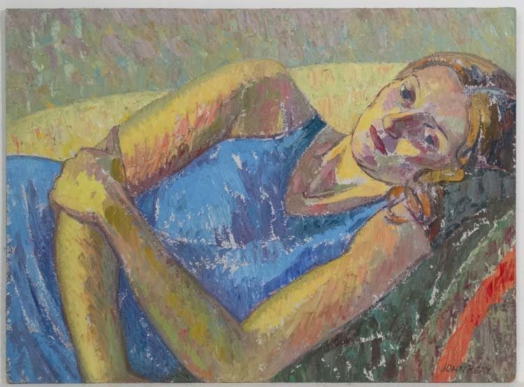 John Reay (1947-2011) East Anglia, Pallet knife,oil on: John Reay (1947-2011) East Anglia, Pallet knife,oil on board, ' Paige' portrait of a lady lying on the beach, Signed lower left, 36 x 24''. We are grateful for David Reay's ( son) assistance in the au