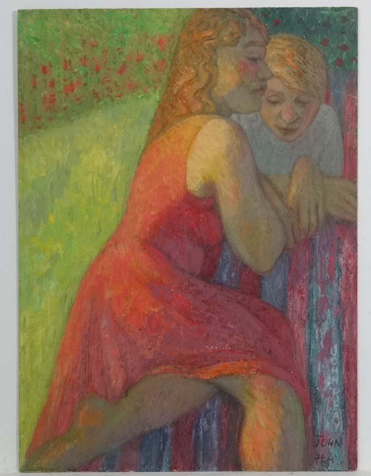John Reay (1947-2011) East Anglia, Pallet knife,oil on: John Reay (1947-2011) East Anglia, Pallet knife,oil on board, 'Sheila & Robert 'portrait of a girl and boy on a picnic rug, Signed lower right (Twice) and ascribed verso, 30 x 22''.We are grateful for