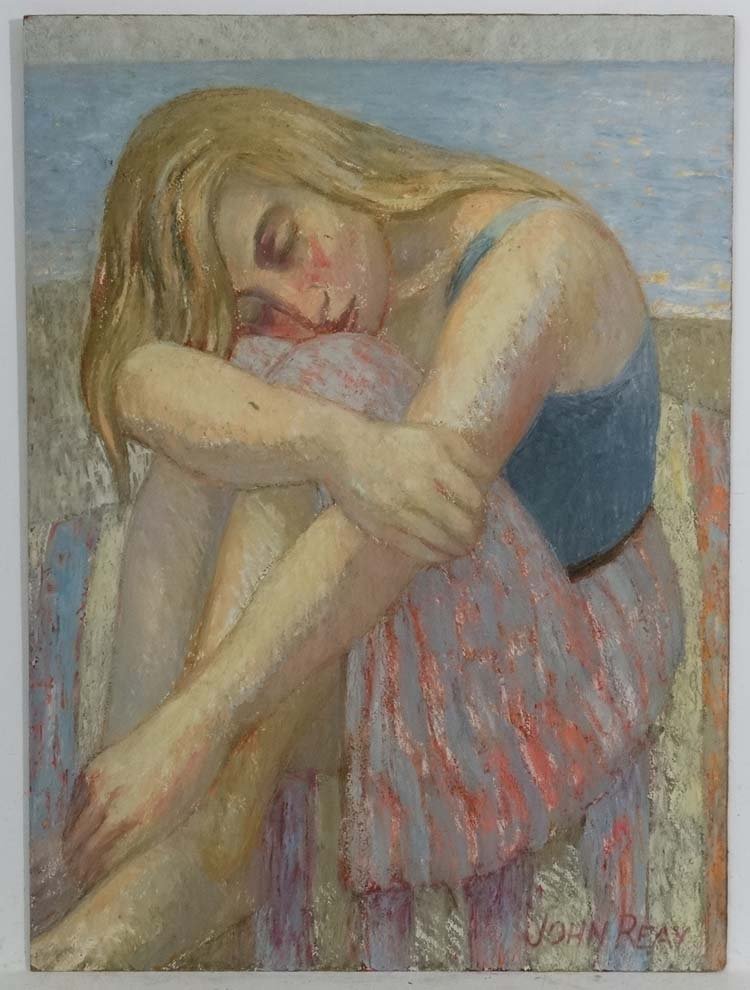 John Reay (1947-2011) East Anglia, Pallet knife,oil on: John Reay (1947-2011) East Anglia, Pallet knife,oil on board, 'Pauly' portrait of a Blond lady on a beach, Signed lower right and ascribed verso, 29 1/3 x 21 5/8''. We are grateful for David Reay's ( 