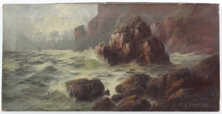 Samuel Yates Johnson (XIX-XX), Oil on Canvas, Coastal: Samuel Yates Johnson (XIX-XX), Oil on Canvas, Coastal scene of sea cliffs etc., Signed ' S Y Johnson ' lower right and dated '1906', 12 x 24''.