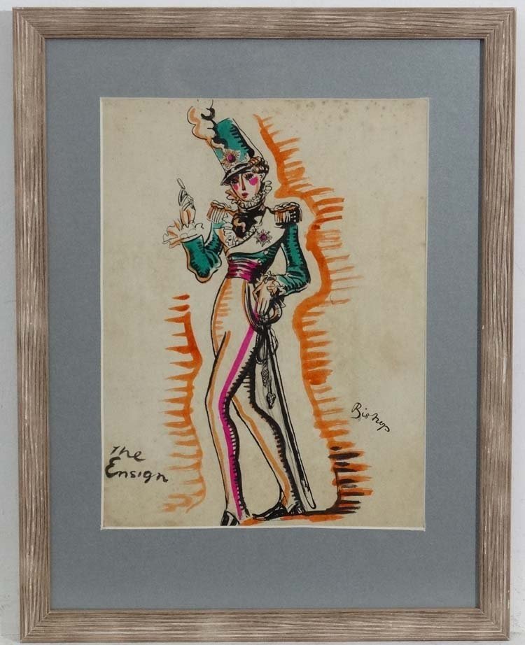 Isabel Bishop ? (1902-1988) American, Watercolour , pen: Isabel Bishop ? (1902-1988) American, Watercolour , pen ink , pencil etc. 'The Ensign ' costume design, Signed and titled lower, 14 x 10 1/2''.