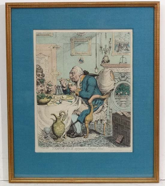 After James Gillray, Hand coloured satirical print, ': After James Gillray, Hand coloured satirical print, ' Temperance enjoying a frugal meal , Originally published 28 th July 1792, 14 1/2 x 11 1/4''.