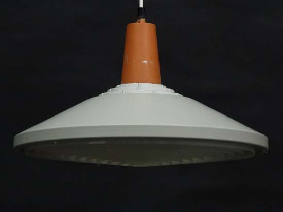 Vintage Retro : A Danish LYFA ceiling pendant light /: Vintage Retro : A Danish LYFA ceiling pendant light / lamp with multi louvred concentric diffuser under , with burnt orange top and grey shade, 17 1/2'' diameter