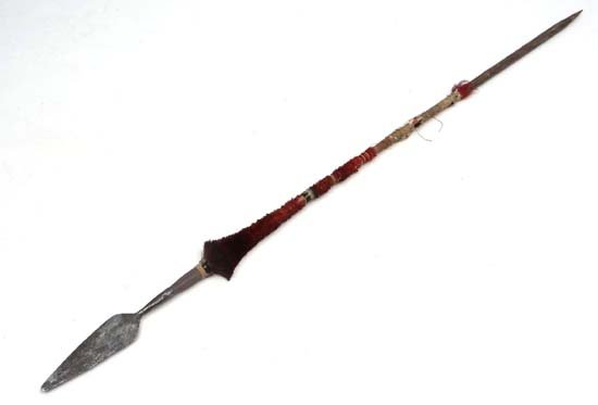 Ethnographica Native Tribal : An Anaga / Anaya? head: Ethnographica Native Tribal : An Anaga / Anaya? head hunters spear, the wooden shaft carved with red dyed goat (?) hair + steel head 70'' long
