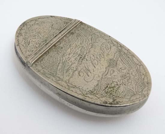 Victorian Snuff Box : a nickel ovoid and hinge lidded: Victorian Snuff Box : a nickel ovoid and hinge lidded pocket snuff box signed ' W. Brown ' , 3 1/8'' long