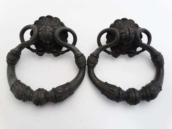 A pair of superb 19thC bronze door handles 5'' wide: A pair of superb 19thC bronze door handles 5'' wide