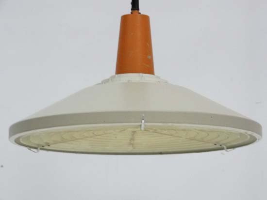 Vintage Retro : A Danish LYFA ceiling pendant light /: Vintage Retro : A Danish LYFA ceiling pendant light / lamp with multi louvred concentric diffuser under , with burnt orange top and grey shade, 17 1/2'' diameter