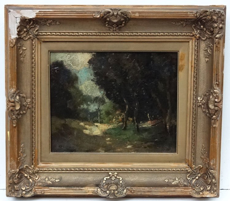 Chis... XIX Barbizon School, Oil on panel, ' Op: Chis... XIX Barbizon School, Oil on panel, ' Op Meijendel ' Holland a woodland view, Indistinctly signed lower right. 8 7/8 x 10 3/4''