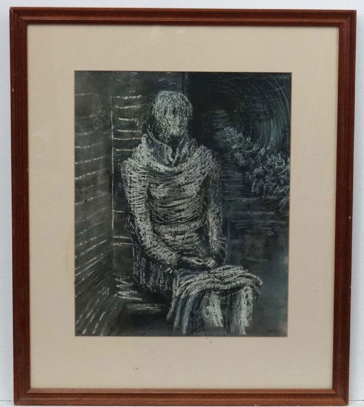 Henry Moore (1898-1986), Lithograph in colours, ' Woman: Henry Moore (1898-1986), Lithograph in colours, ' Woman seated in the underground 1941 ', Titled verso. 17 3/4 x 14 1/4''