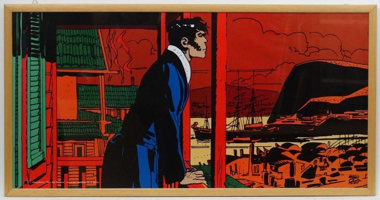 After Hugo Pratt (1927-1995), Full coloured print,: After Hugo Pratt (1927-1995), Full coloured print, Corto Maltese looks out across Hong Kong Harbour 'Acces aux mysteres de la chine...', Facsimile signature lower right. 19 1/2 x 39 1/2''