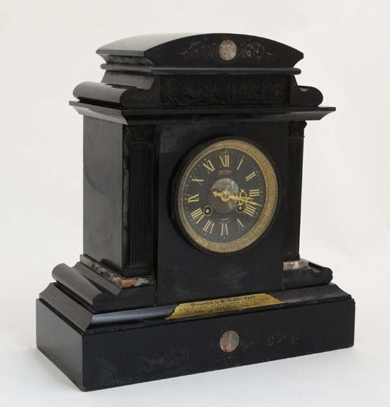JW Benson slate Mantel clock : an 1893 ' J W Benson,: JW Benson slate Mantel clock : an 1893 ' J W Benson, Ludgate Hill , London ' ( retailer) ' A D Mougin ' stamped 8 day barrel movement striking on a bell, the marble inlaid case standing 13 3/8'' high