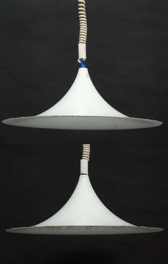 Vintage Retro : Two Danish LYFA Type 4106 pendant: Vintage Retro : Two Danish LYFA Type 4106 pendant lights , in the Semi style with white livery , 18 5/8'' wide.