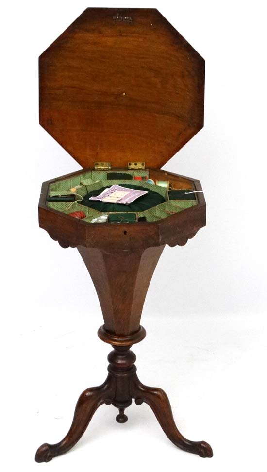 A Victorian inlaid walnut trumpet shaped tripod sewing (1 of 5)