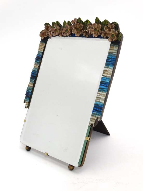 A late 20thC French Barbola style mirror with strut /: A late 20thC French Barbola style mirror with strut / easel back 13 1/4'' high