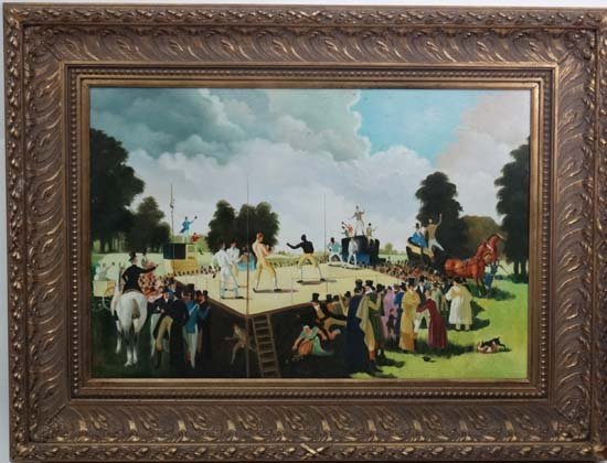 Boxing / Pugilist : Attributed to Doris Clare Zinkeisen: Boxing / Pugilist : Attributed to Doris Clare Zinkeisen ( 1898-1991), Oil on canvas, Depiction of Tom Cribb v Tom Molneaux in East Grinstead spring 1810, Attributed verso. 24 x 36''
