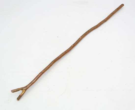 Thumb stick : A hazel shafted hand made stick with Y: Thumb stick : A hazel shafted hand made stick with Y shaped Thumb piece to top, measuring 54'' long