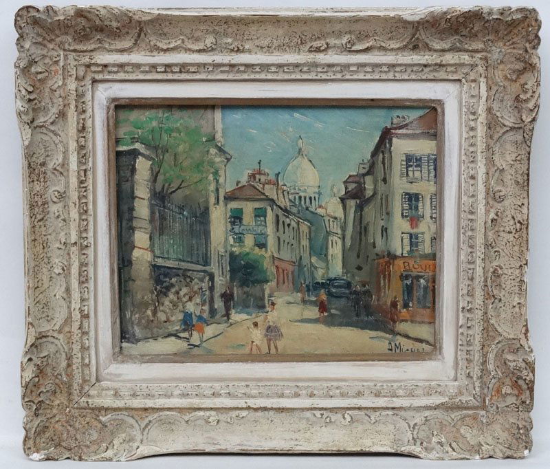 A Michel Mid XX French, Oil on canvas, ' Rue Norvis a: A Michel Mid XX French, Oil on canvas, ' Rue Norvis a Sacre Coeur ' Montmartre Paris. Signed lower right, 7 x 9''