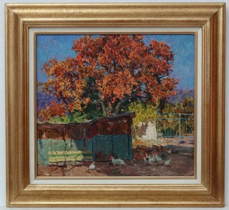 Stoliarenko Petr Konzmich (b.1925), Russian School, Oil: Stoliarenko Petr Konzmich (b.1925), Russian School, Oil on canvas, ''Near the old oak'', Chickens in a yard with oak tree beyond. Signed lower left, 17 1/4 x 19'' .