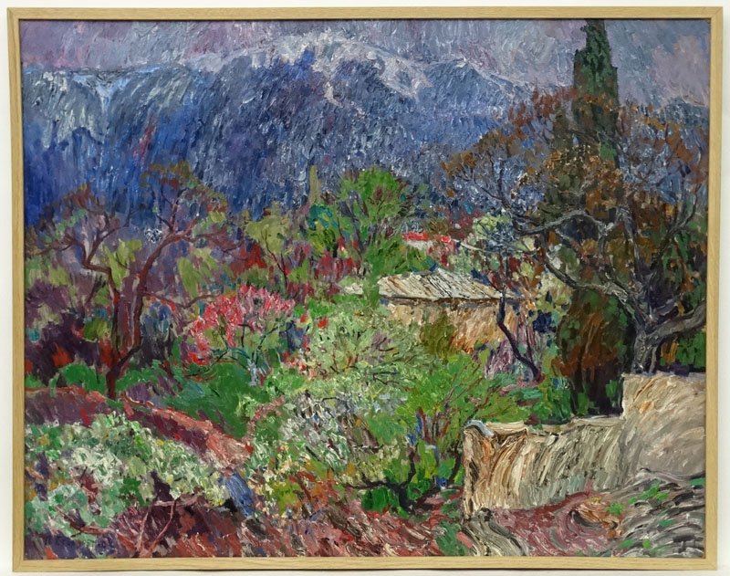 Petr Kouzmich Stolarienko (b.1925), Russian School.: Petr Kouzmich Stolarienko (b.1925), Russian School. Oil on hardboard, ''Spring in Crimea'', Dated 1980 signed lower left. 28 3/4 x 36 1/4''
