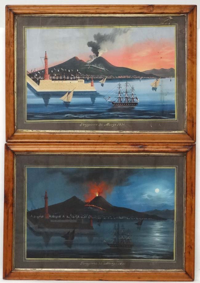 XIX Neapolitan School, Gouache , a pair, Mount Vesuvius (1 of 6)