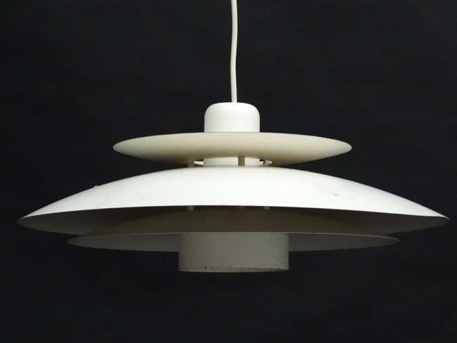 Vintage Retro : a Danish designer pendant light / lamp: Vintage Retro : a Danish designer pendant light / lamp , very probably one of the Radius family of lights designed by Erik Balslev for Fog & Morup, in white livery , 17 1/2'' diameter