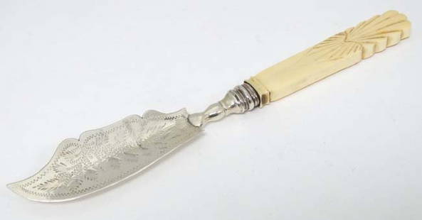 A silver butter knife with carved ivory handle.: A silver butter knife with carved ivory handle. Hallmarked Birmingham 1836 maker JC probably James Collins 6 1/2'' long