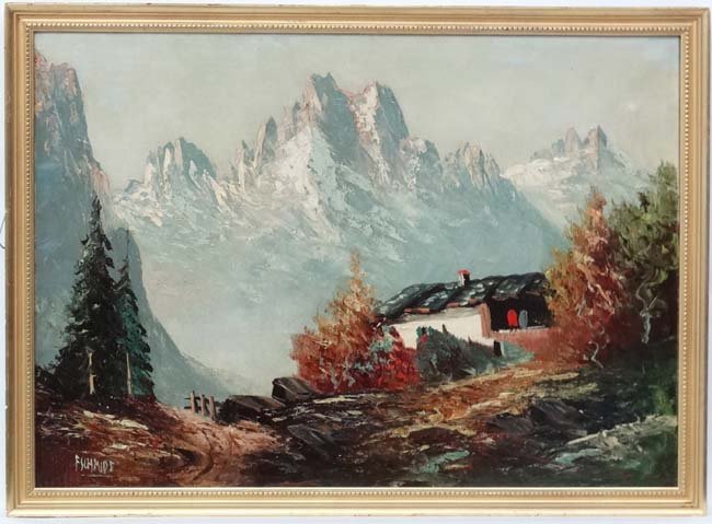 F Schmidt XX Oil on canvas Tyrolean scene Signed lower: F Schmidt XX Oil on canvas Tyrolean scene Signed lower left 20 x 28''