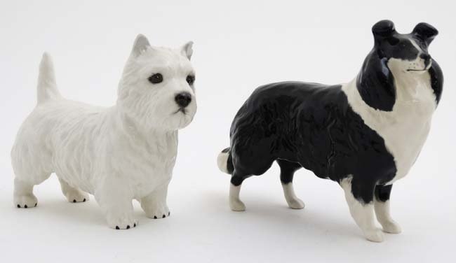 Two Beswick models formed as a black and white Rough: Two Beswick models formed as a black and white Rough Collie dog and a West Highland White Terrier dog, numbers 1792 and 2038 in gloss finish, each bears factory stamp under. The tallest 5 1/2' high. (